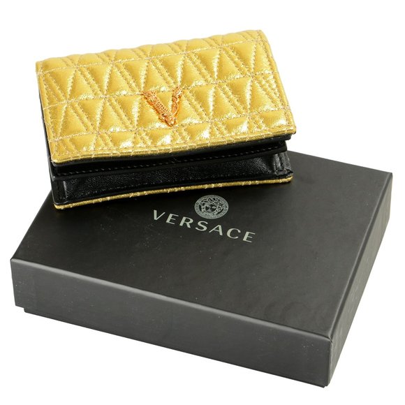 Versace Women's Gold 100% Quilted Leather V-Logo Wallet